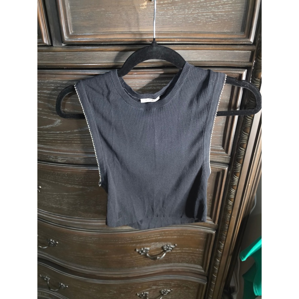 Intimately Free People Black Ribbed Muscle Tank Cropped Ball Chain Trim Small